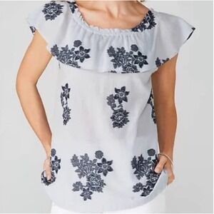 J. Jill‎ Off Shoulder Cotton Ruffle Blue Floral Shirt Petite XS